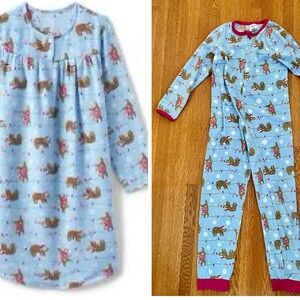 Rare Set of 2 Lands End Sloth Xmas Family Pajamas Nightgown (8) and Onesie (12)